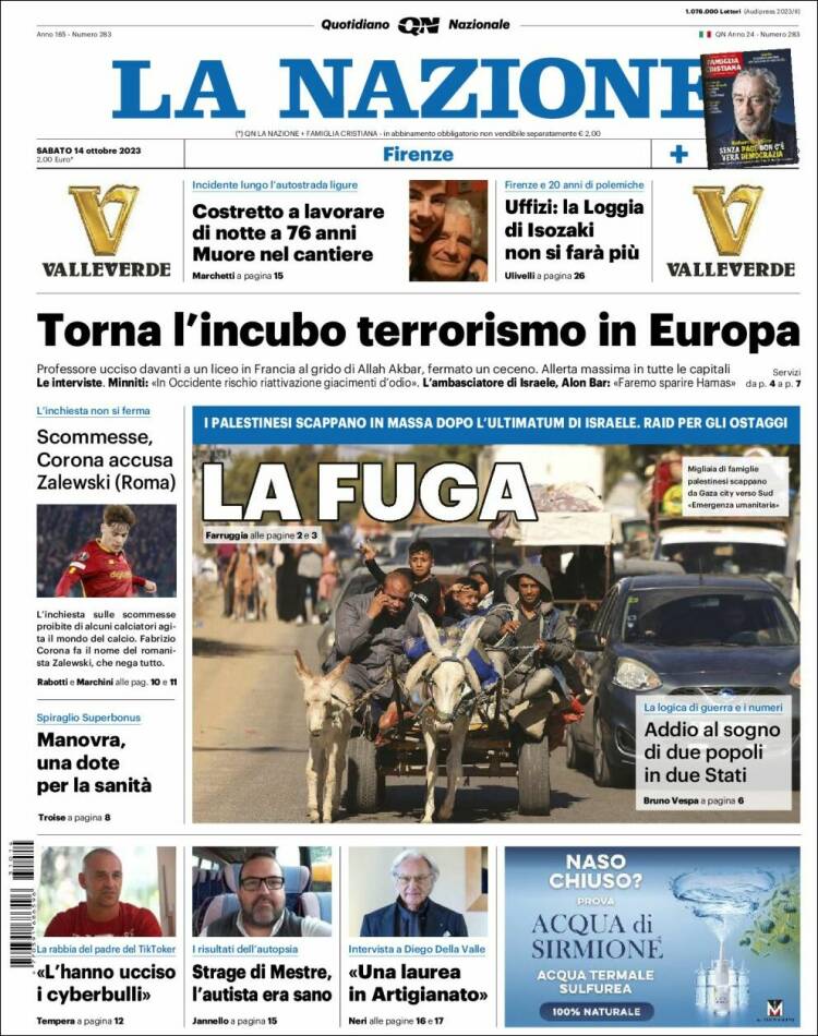 Portada de La Nazione (Italia)