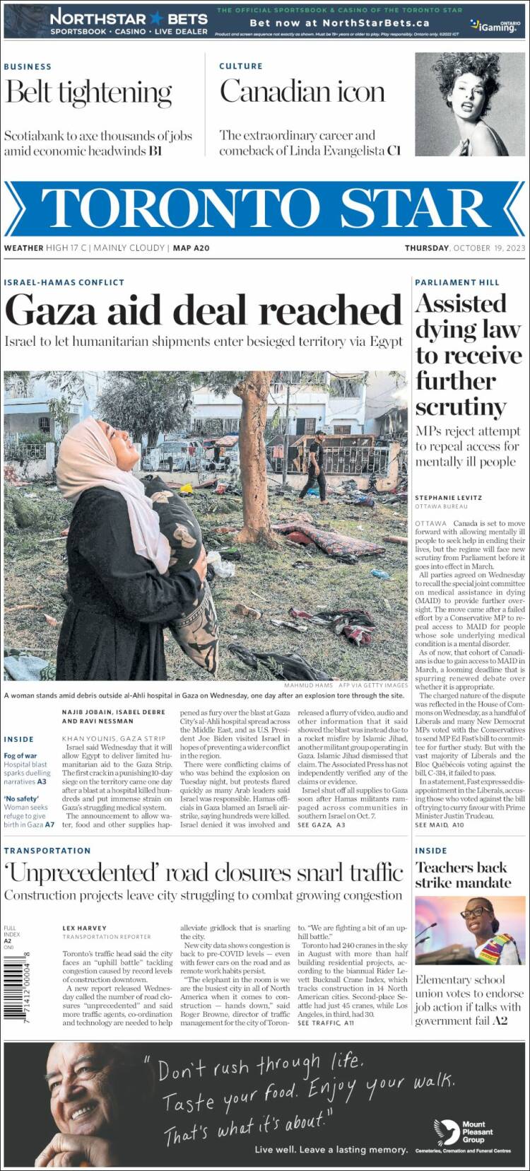 Portada de The Toronto Star (Canadá)