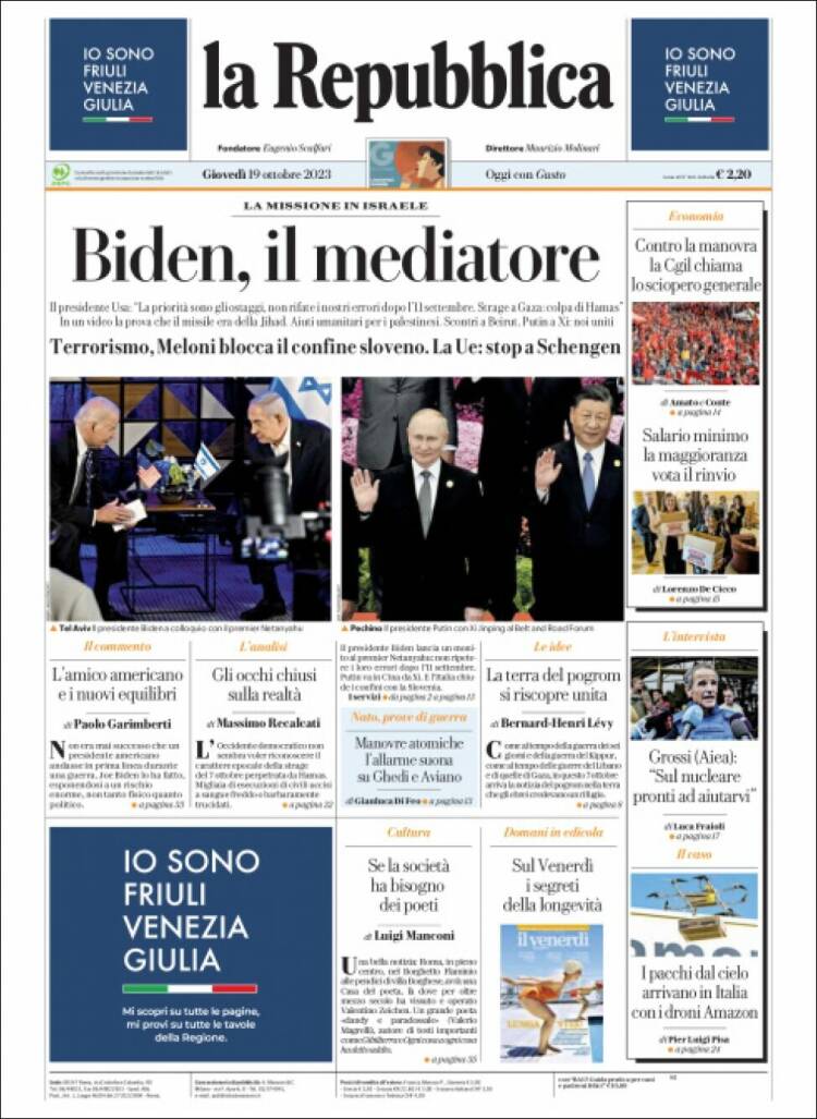 Portada de La Repubblica (Italia)