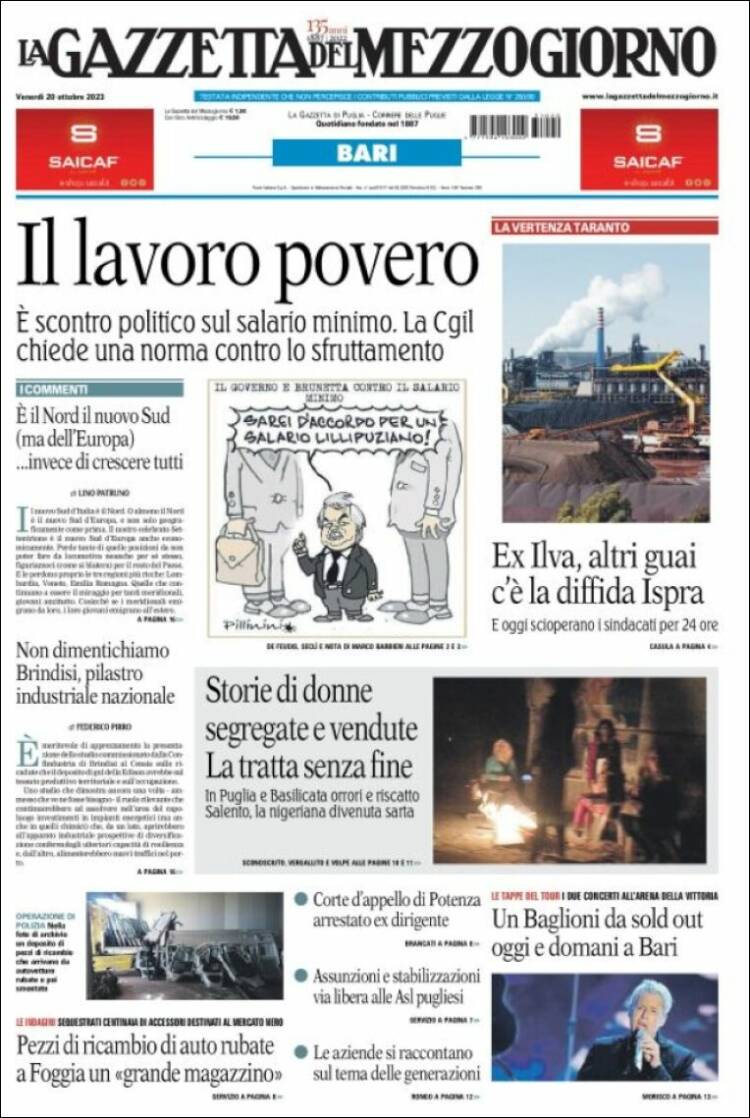 Portada de La Gazzetta del Mezzogiorno (Italia)