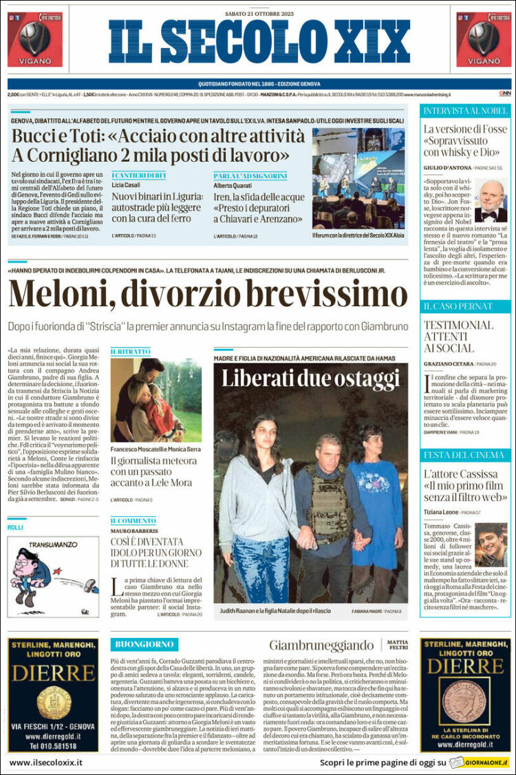 Portada de Il Secolo XIX (Italia)