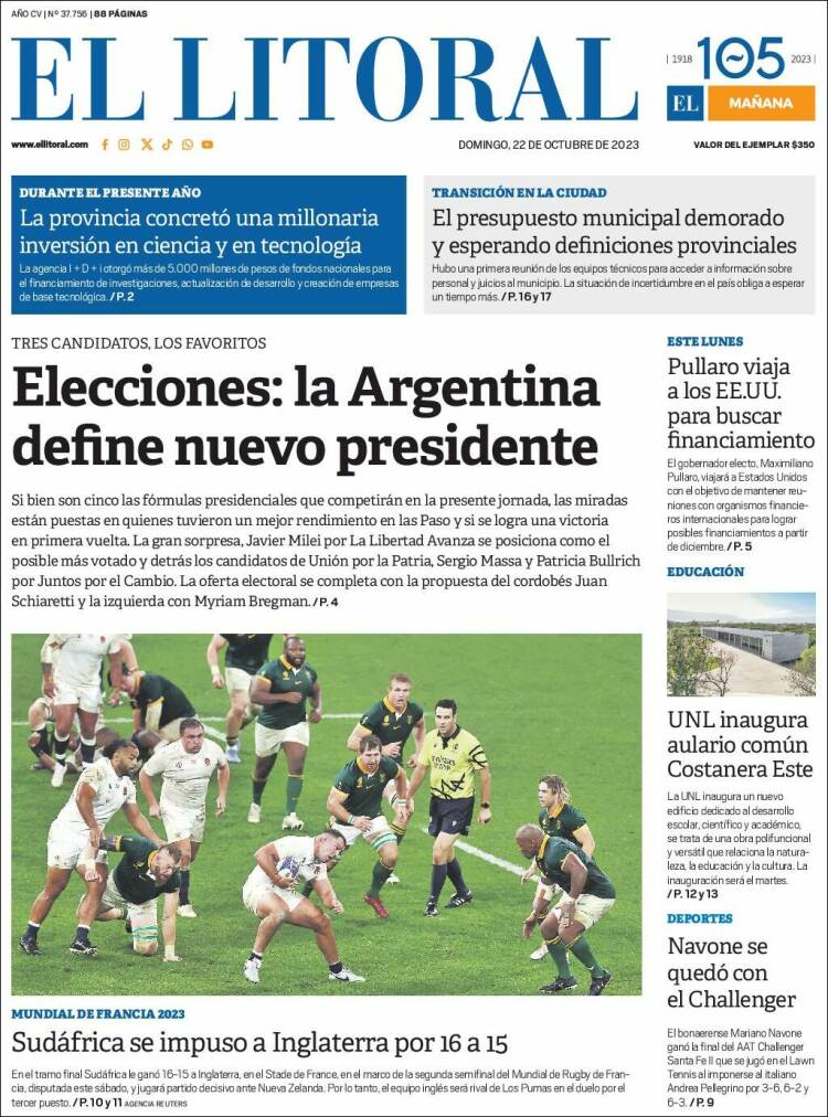 Portada de Diario El Litoral (Argentina)