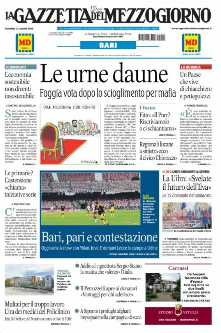 Portada de La Gazzetta del Mezzogiorno (Italia)