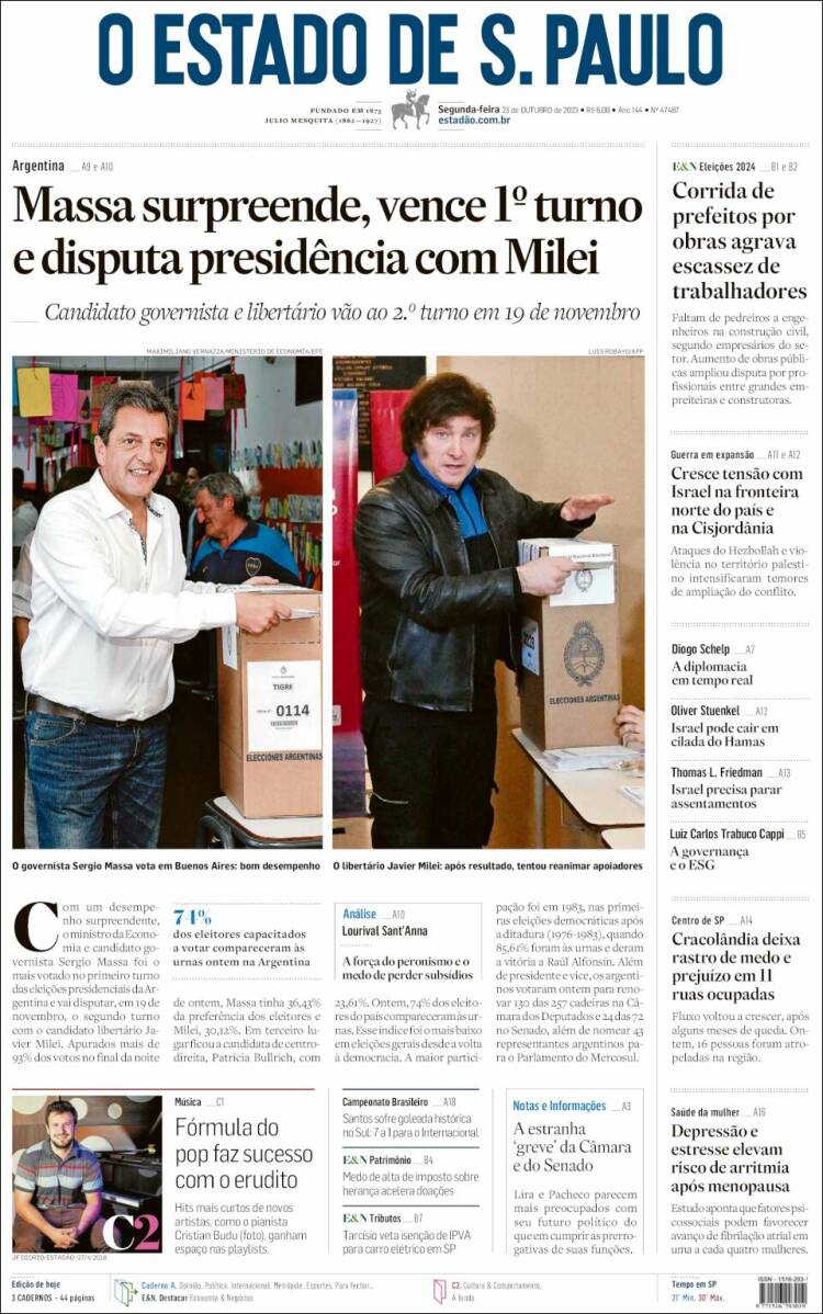 Portada de O Estado de São Paulo (Brasil)