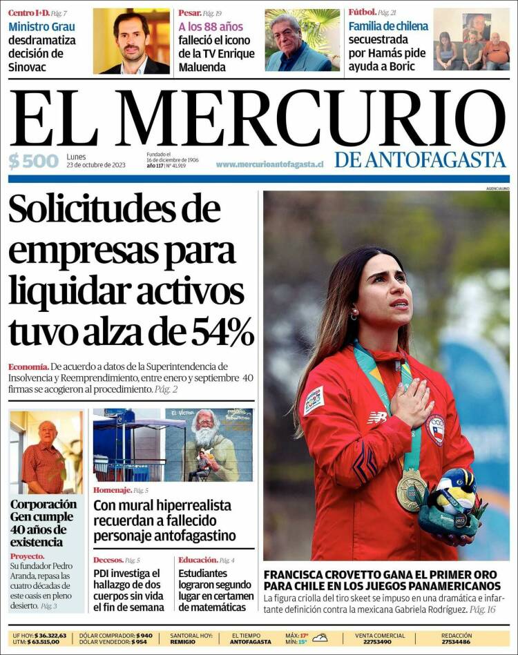 Portada de El Mercurio de Antofagasta (Chile)
