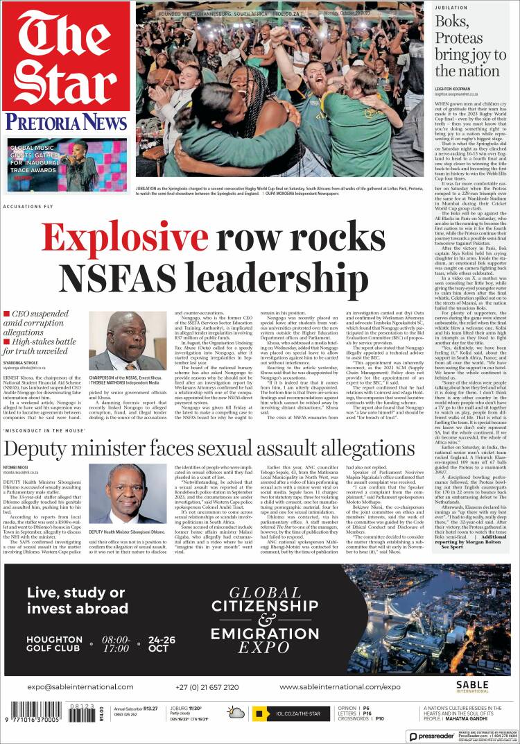 Portada de The Star (Sud&aacute;frica)