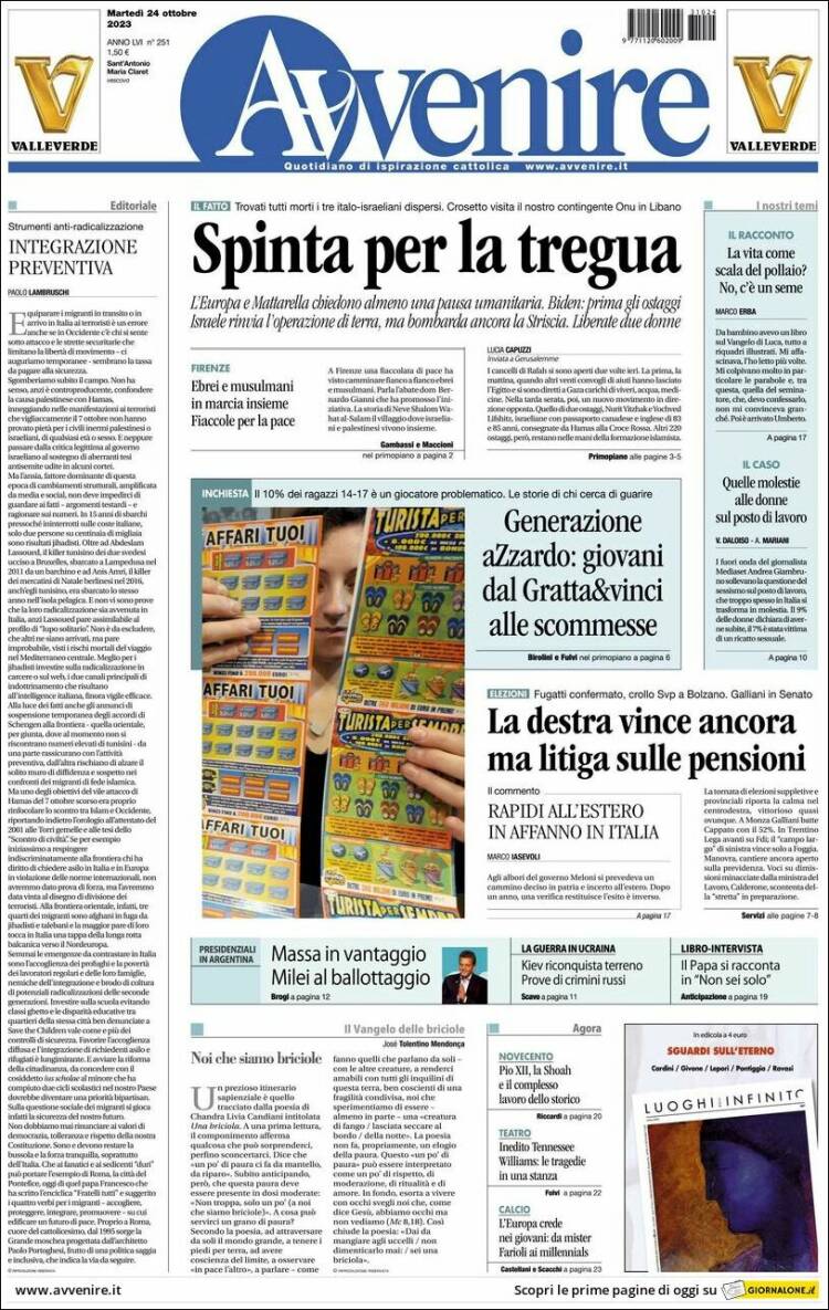 Portada de Avvenire (Italia)