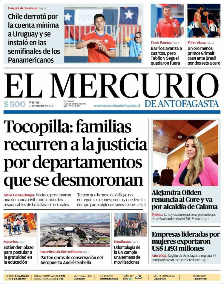 Portada de El Mercurio de Antofagasta (Chile)