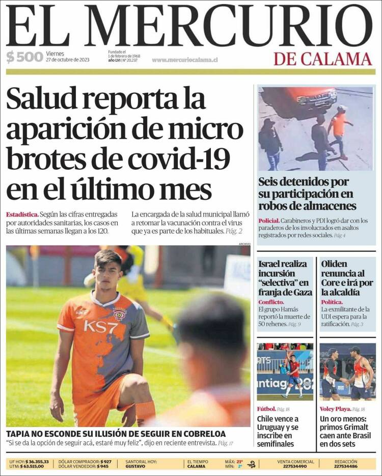 Portada de El Mercurio - Calama (Chile)