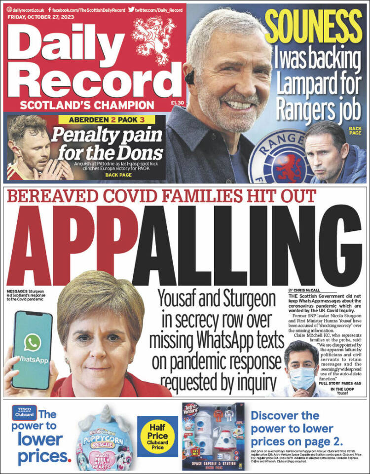 Portada de Daily Record (Reino Unido)