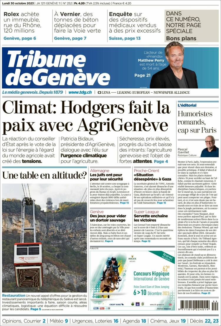 Portada de La Tribune de Genève (Suiza)