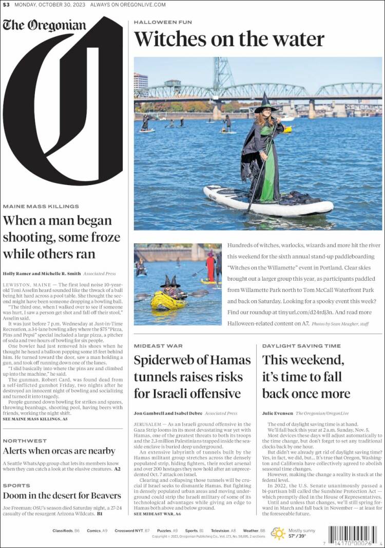 Portada de The Oregonian (USA)