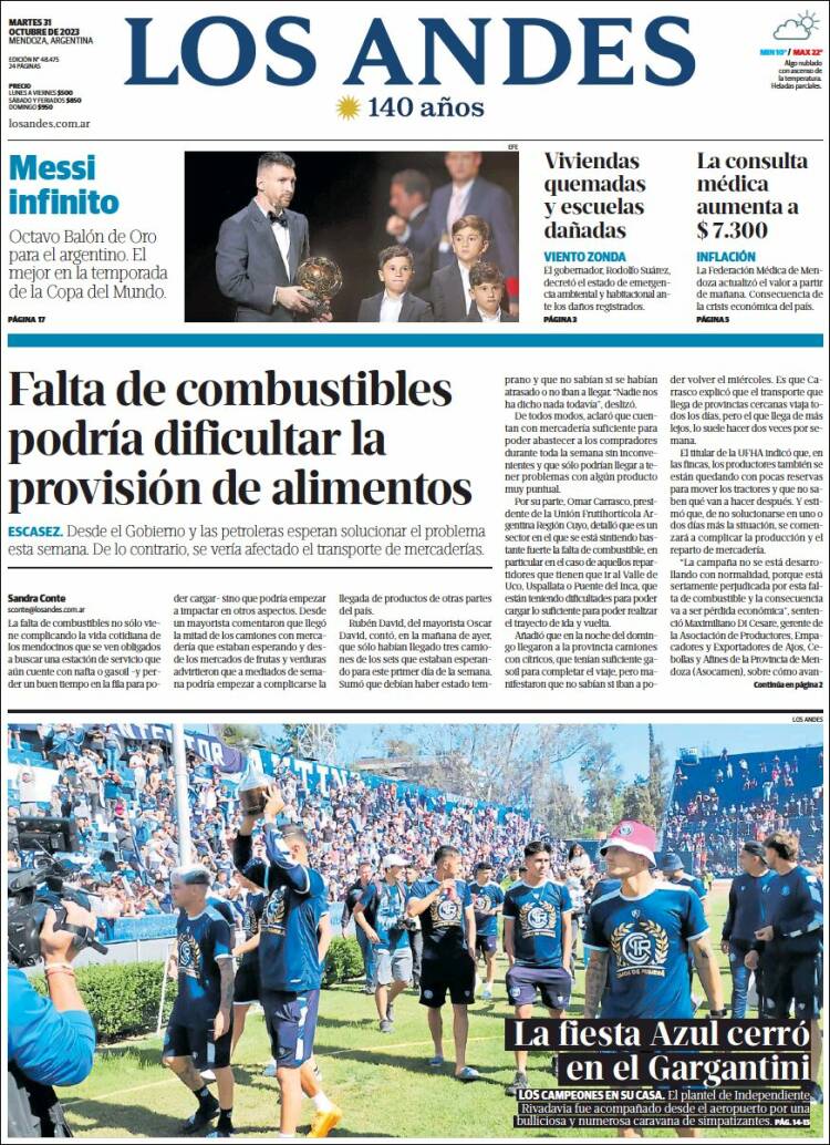 Portada de Los Andes - Mendoza (Argentina)