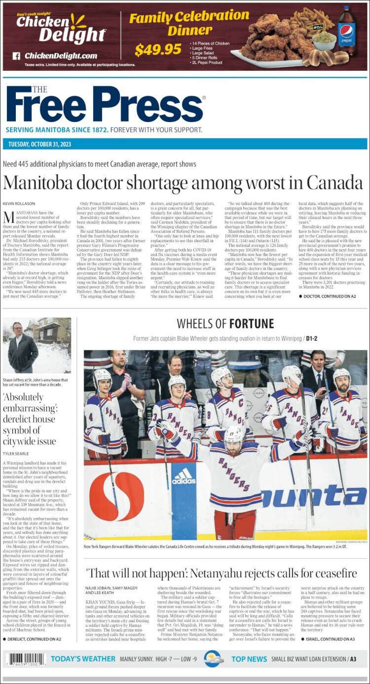 Portada de Winnipeg Free Press (Canadá)