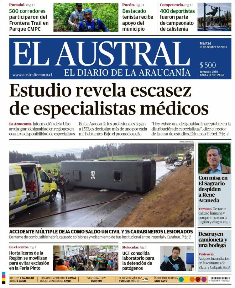 Portada de El Austral de Temuco (Chile)
