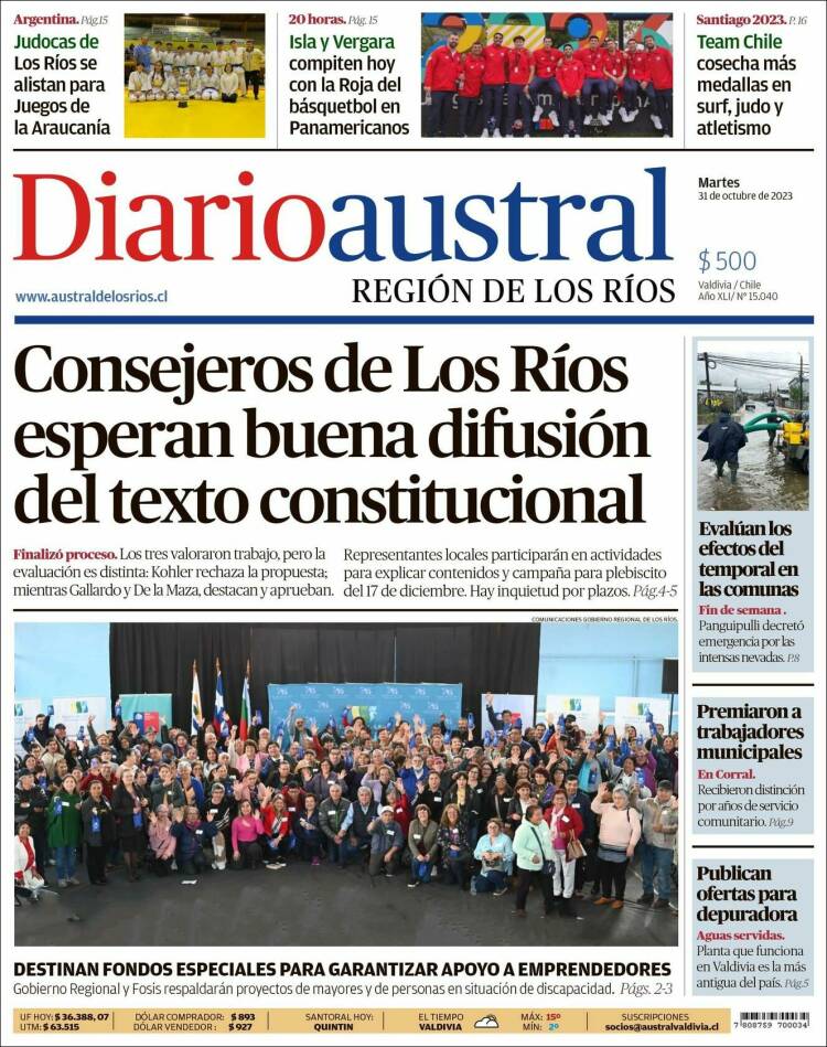 Portada de El Diario Austral de Valdivia (Chile)