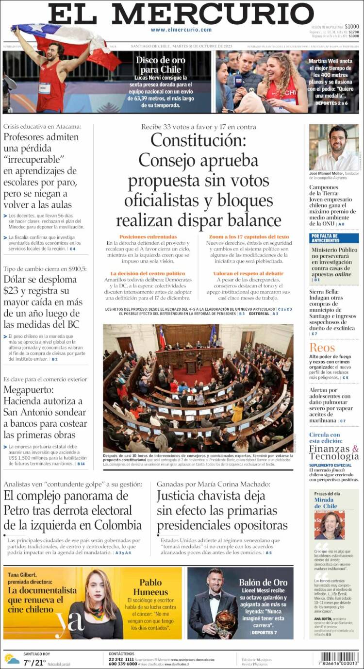 Portada de El Mercurio (Chile)