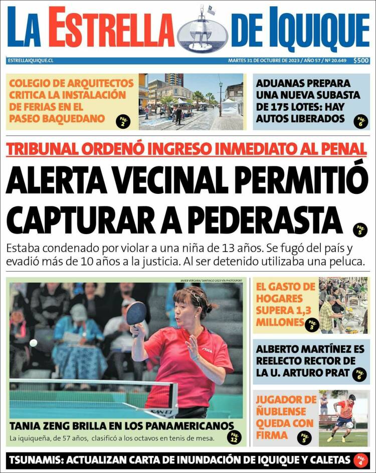 Portada de La Estrella de Iquique (Chile)