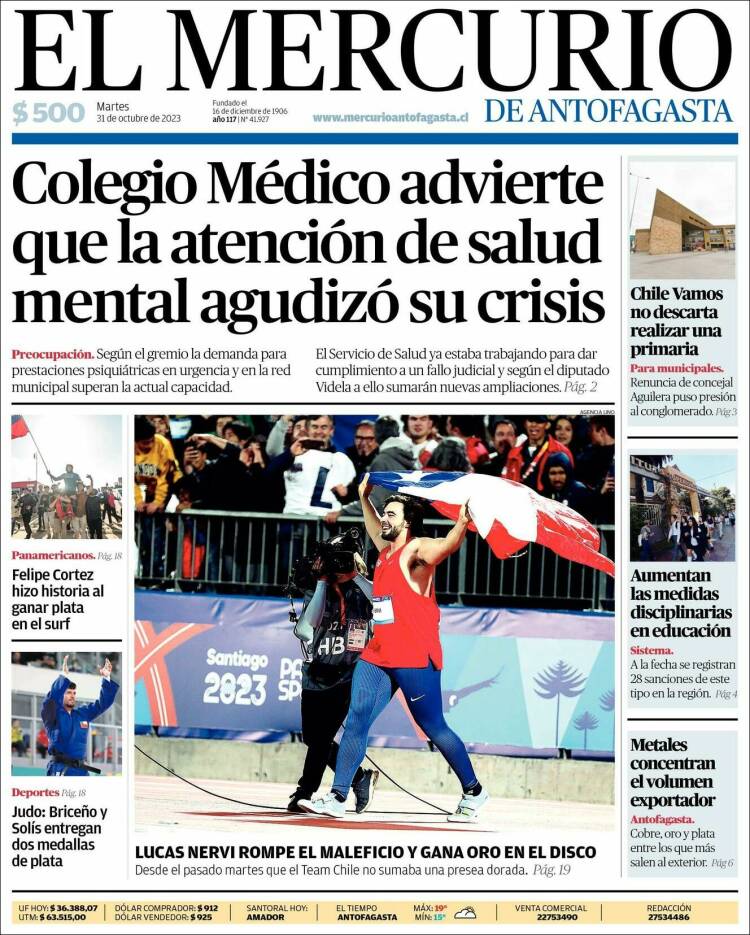 Portada de El Mercurio de Antofagasta (Chile)