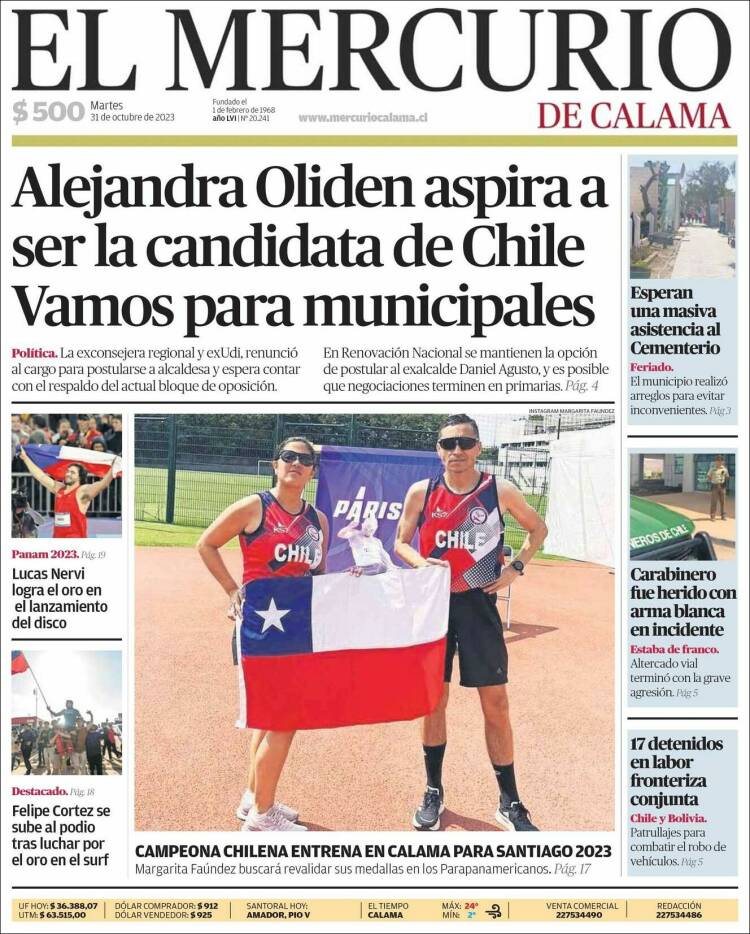 Portada de El Mercurio - Calama (Chile)