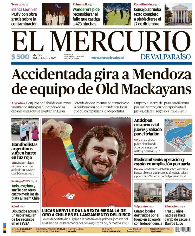 Portada de Mercurio de Valparaiso (Chile)