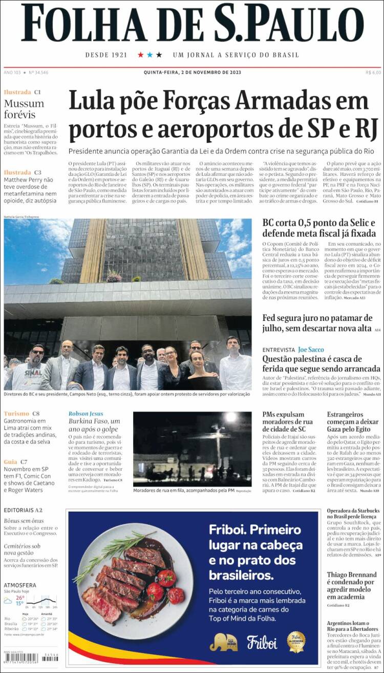 Portada de Folha de São Paulo (Brasil)