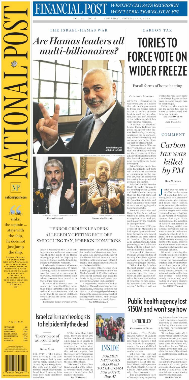 Portada de The National Post (Canadá)