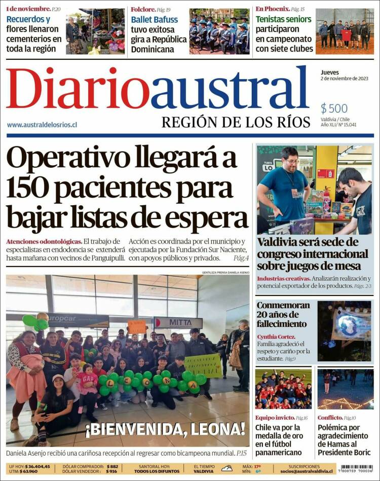Portada de El Diario Austral de Valdivia (Chile)