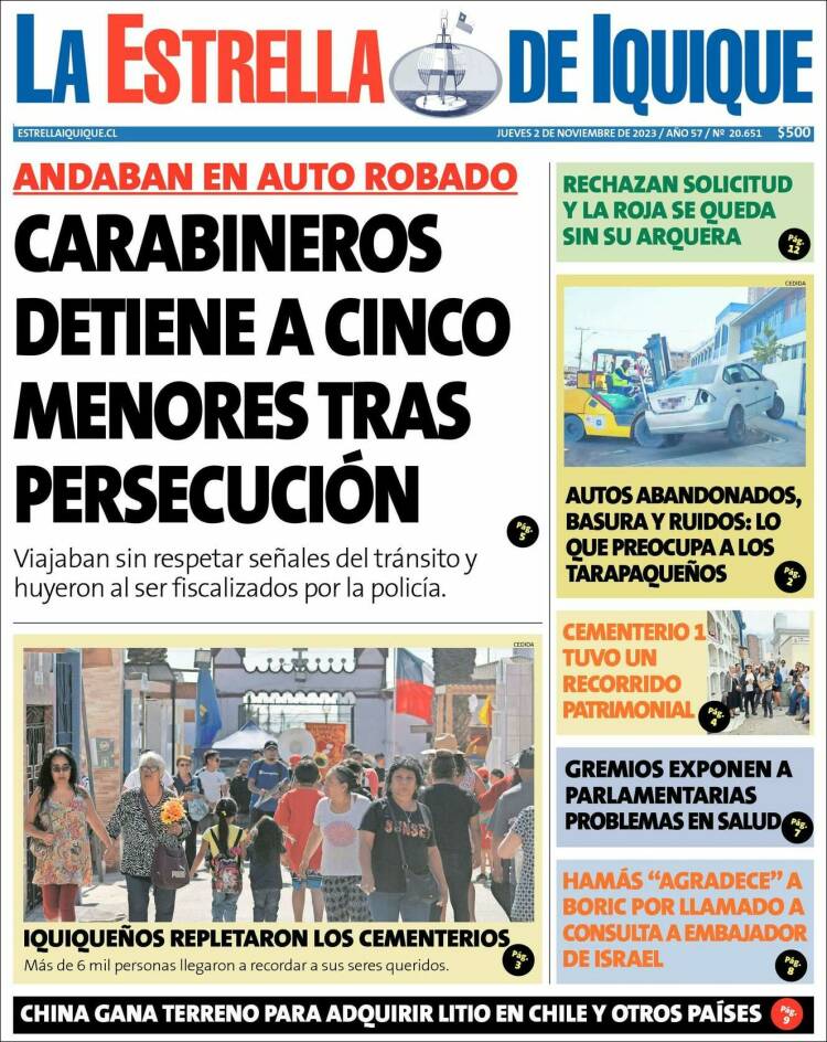 Portada de La Estrella de Iquique (Chile)