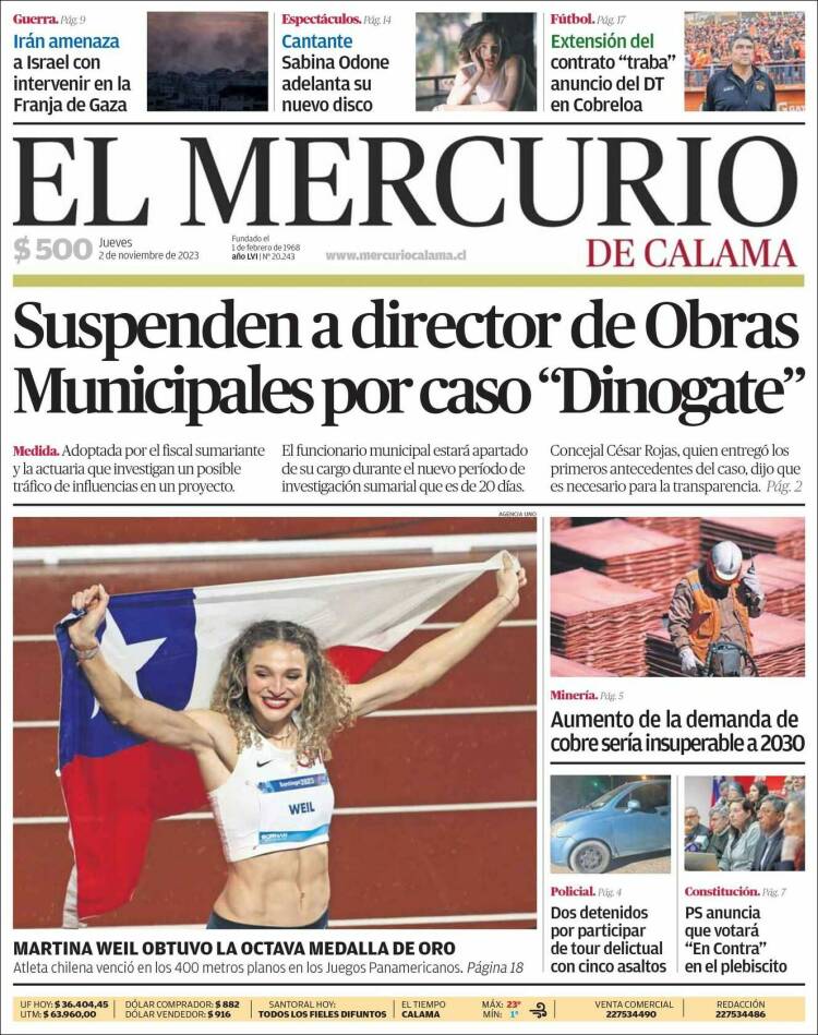 Portada de El Mercurio - Calama (Chile)