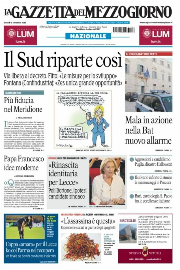 Portada de La Gazzetta del Mezzogiorno (Italia)