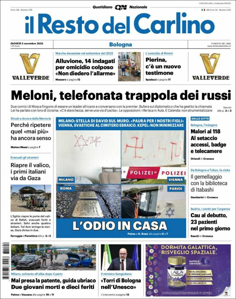 Portada de Il Resto del Carlino (Italia)