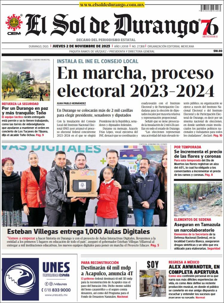 Portada de El Sol de Durango (M&eacute;xico)