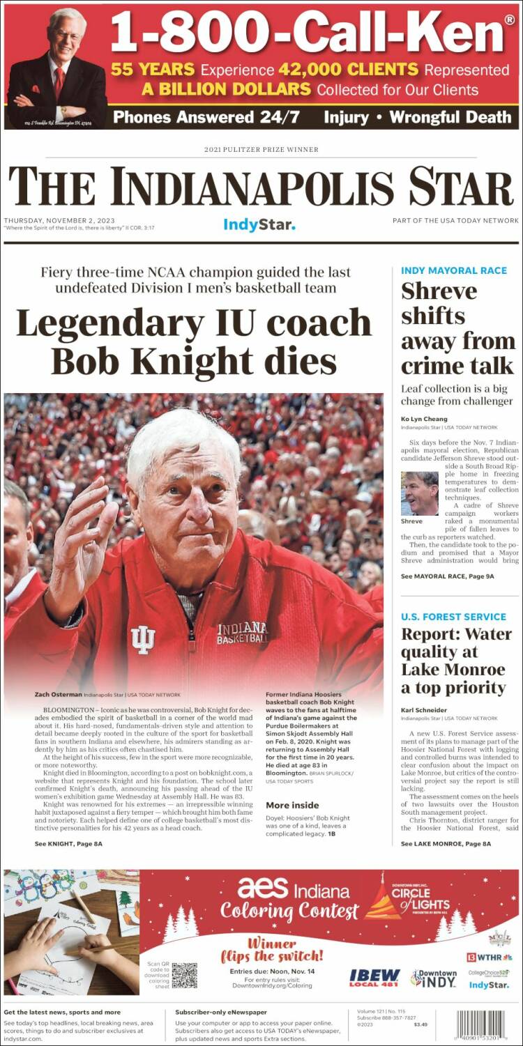 Portada de The Indianapolis Star (USA)
