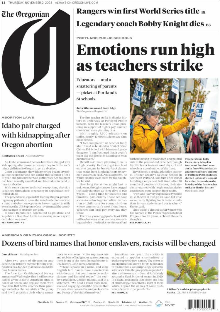 Portada de The Oregonian (USA)
