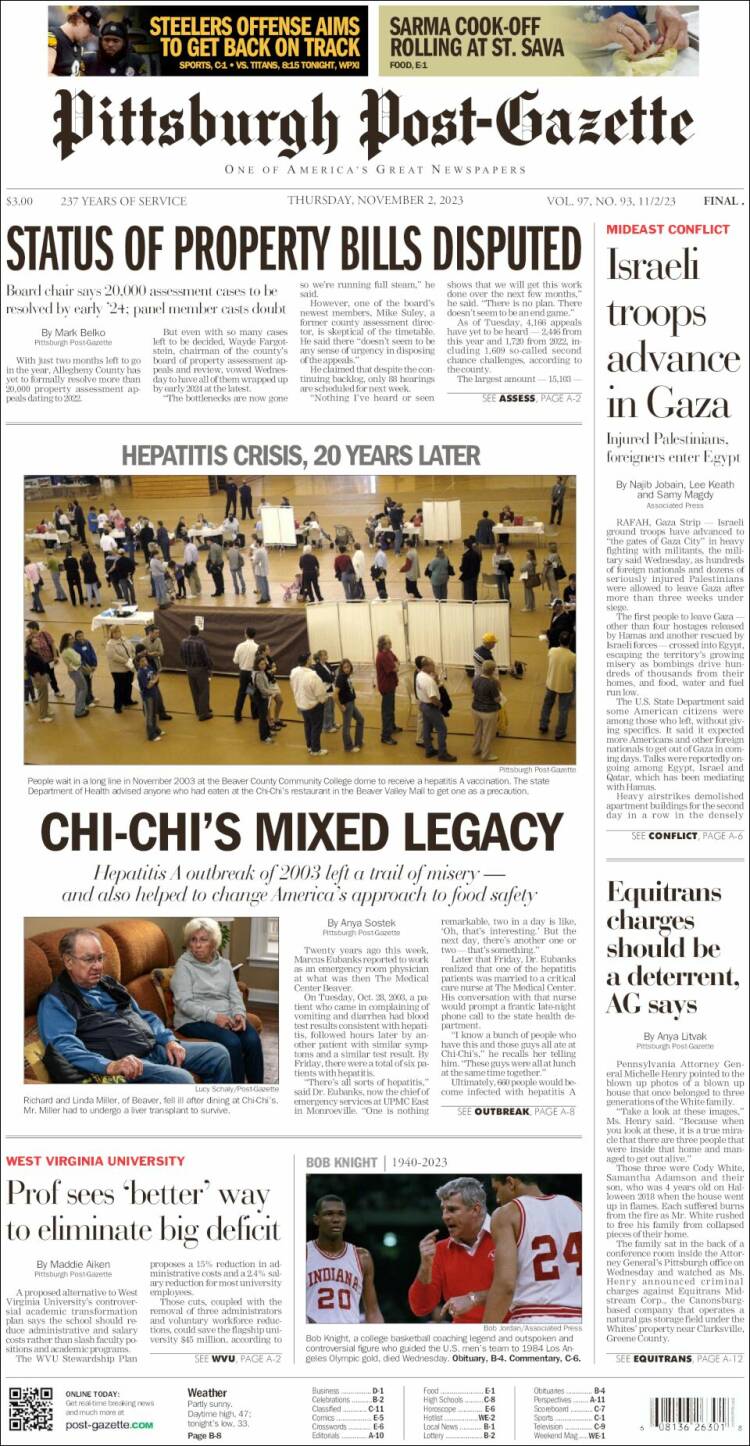 Portada de Pittsburgh Post-Gazette (USA)