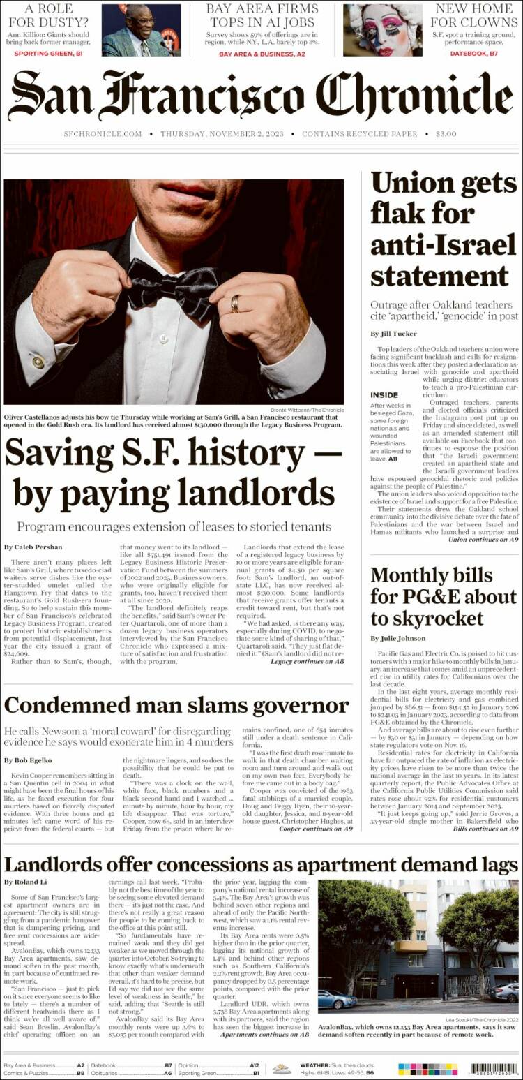 Portada de San Francisco Chronicle (USA)