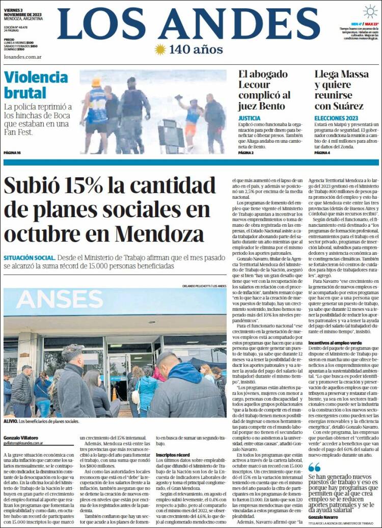 Portada de Los Andes - Mendoza (Argentina)