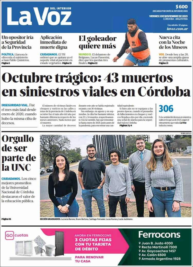 Portada de La Voz del Interior (Argentina)