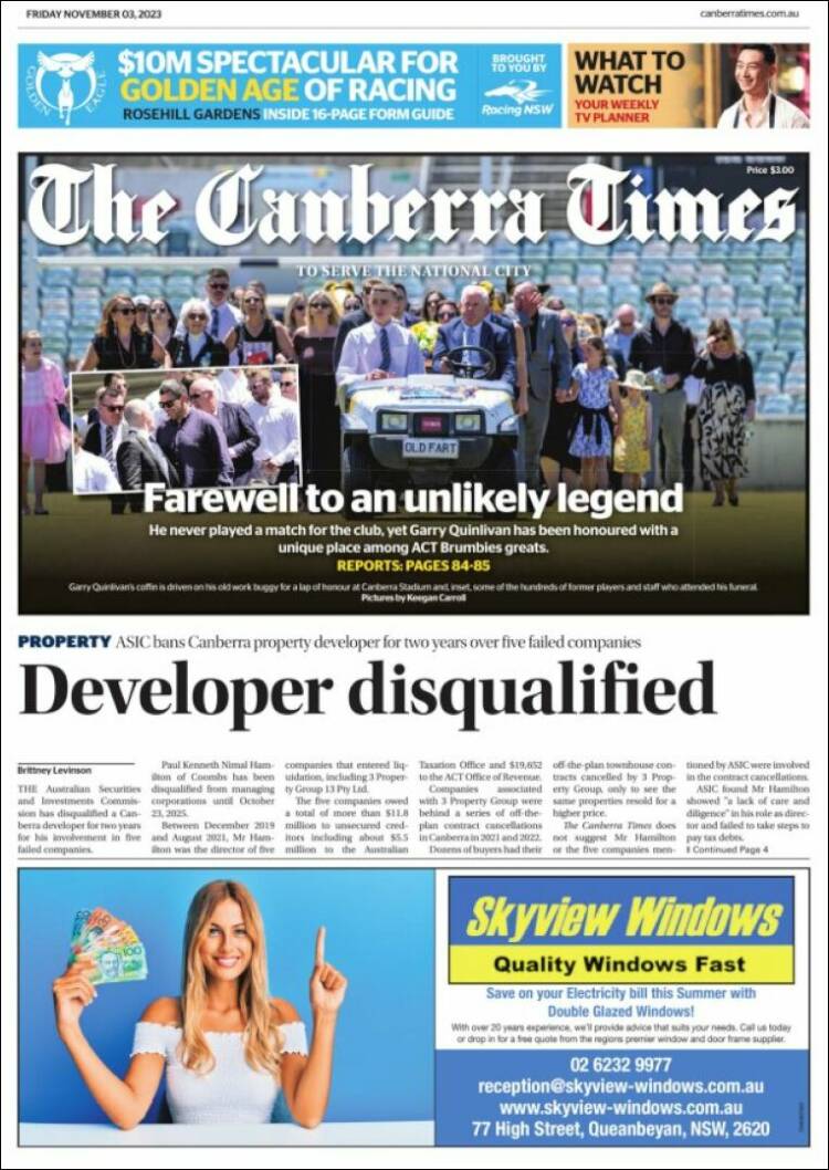Portada de The Canberra Times (Australia)
