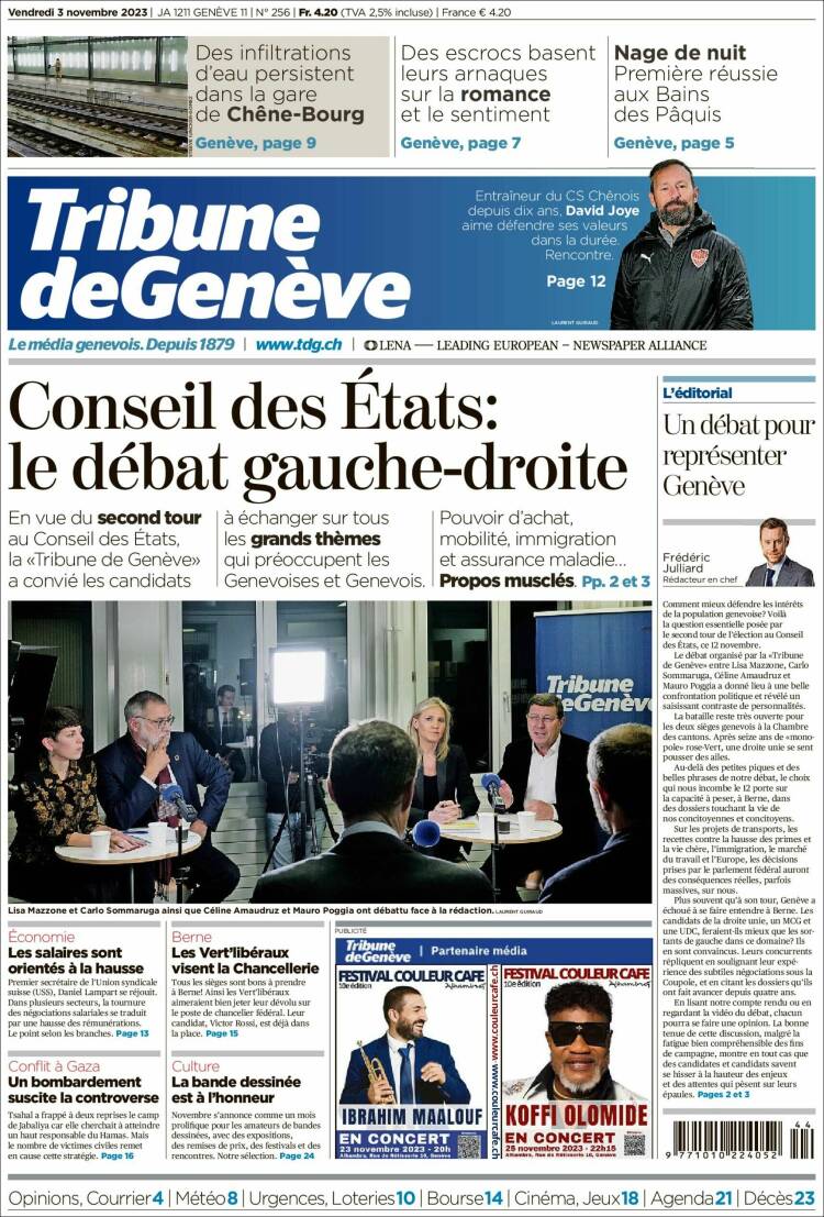 Portada de La Tribune de Genève (Suiza)