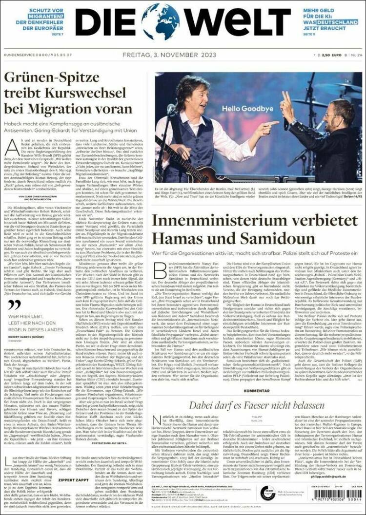 Portada de Die Welt (Alemania)