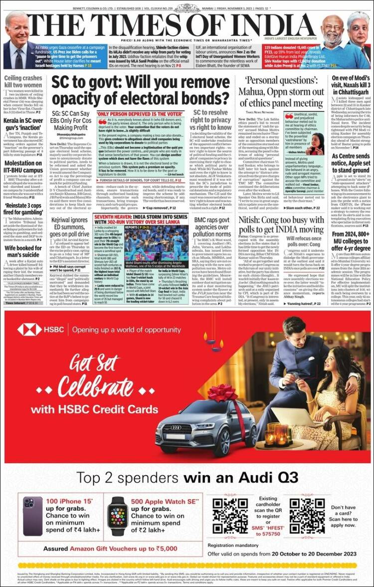 Portada de The Times of India (India)