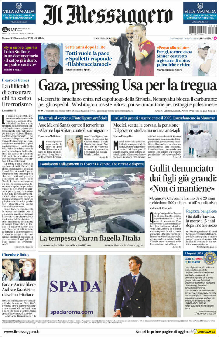 Portada de Il Messaggero (Italia)