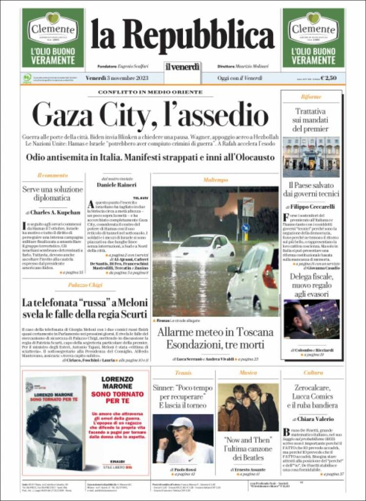 Portada de La Repubblica (Italia)