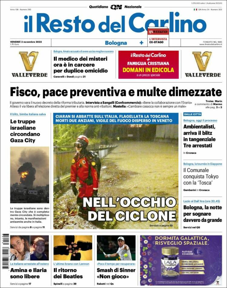 Portada de Il Resto del Carlino (Italia)