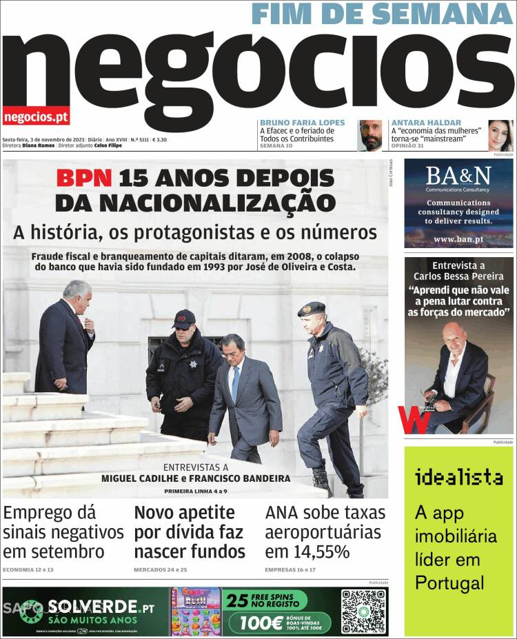 Portada de Jornal de Negócios (Portugal)