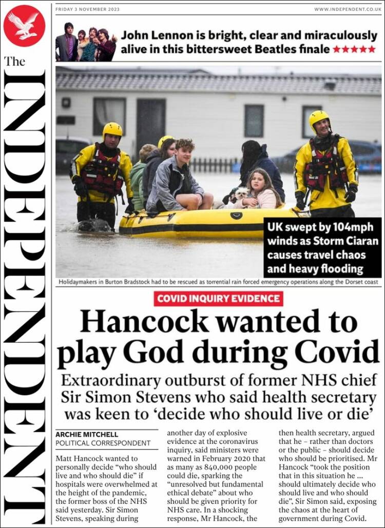 Portada de The Independent (Reino Unido)