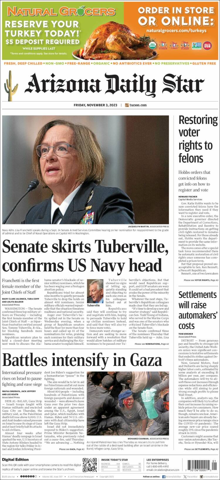 Portada de Arizona Daily Star (USA)