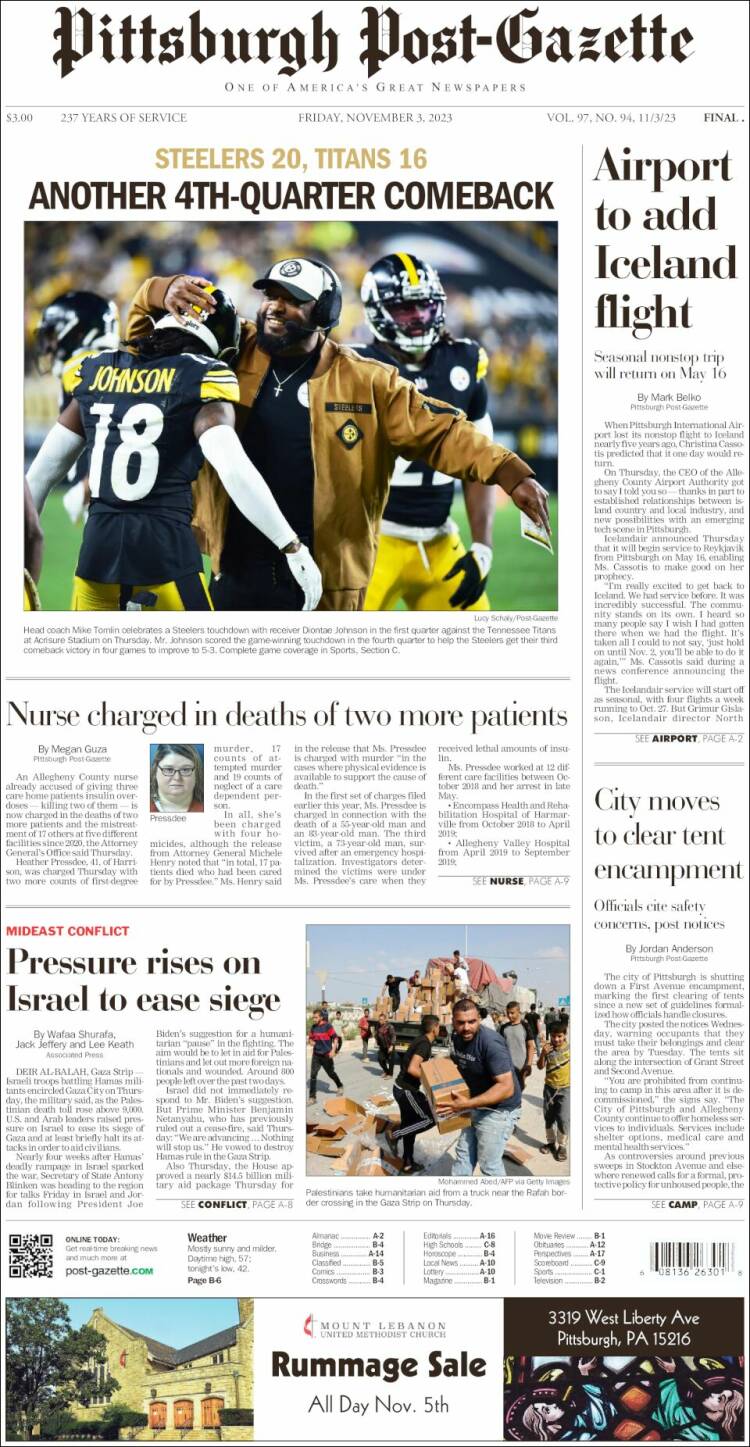 Portada de Pittsburgh Post-Gazette (USA)